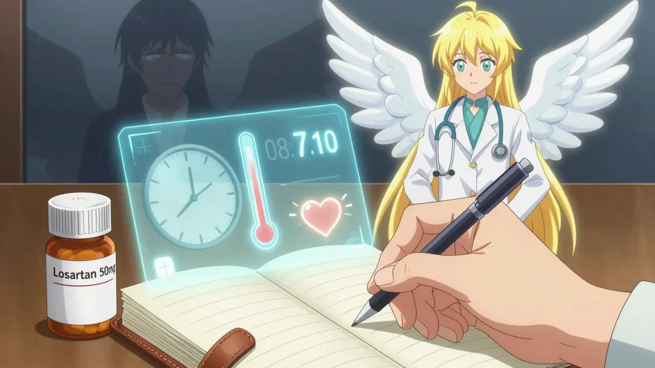 Hand schreibt Medikamentendaten in ein Notizbuch, während holographische Symptome und eine medizinische Engelsgestalt erscheinen.