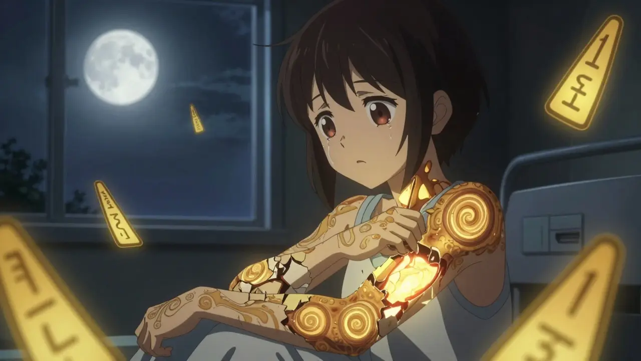 Haut löst sich in goldenen Scherben ab, Krankheit als magisches Muster, kühles Mondlicht, trauriger Ausdruck.