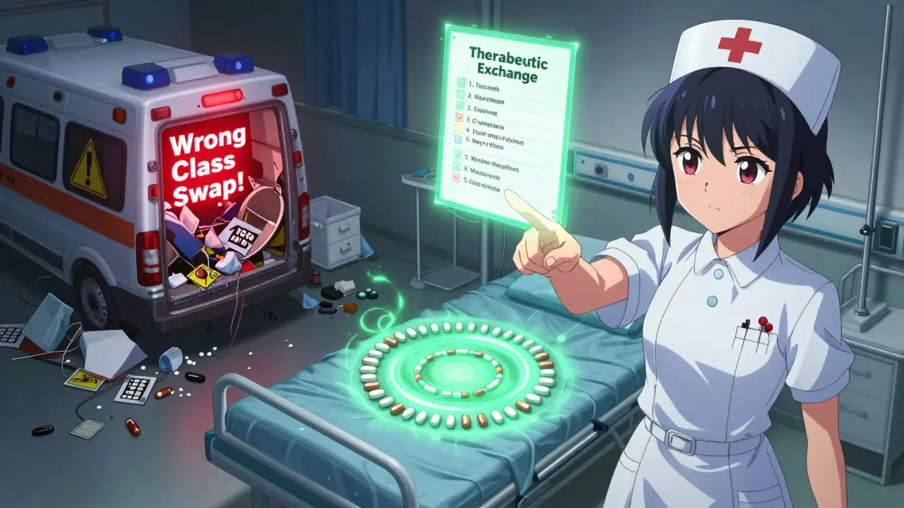 Kontrast zwischen gefährlichem Medikamentenwechsel und sicherem therapeutischem Austausch in einer Klinik.