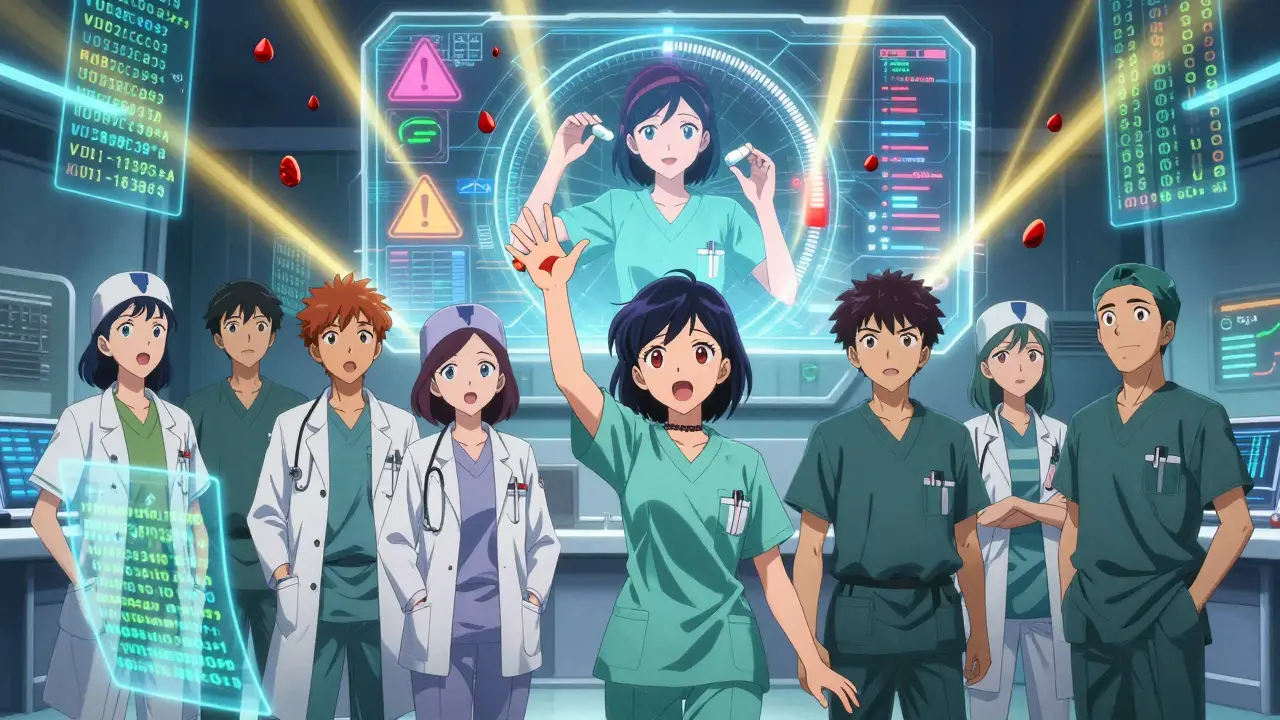 Medizinisches Team mit genetischen Codes und INR-Warnung, digitales Überwachungssystem im Hintergrund.