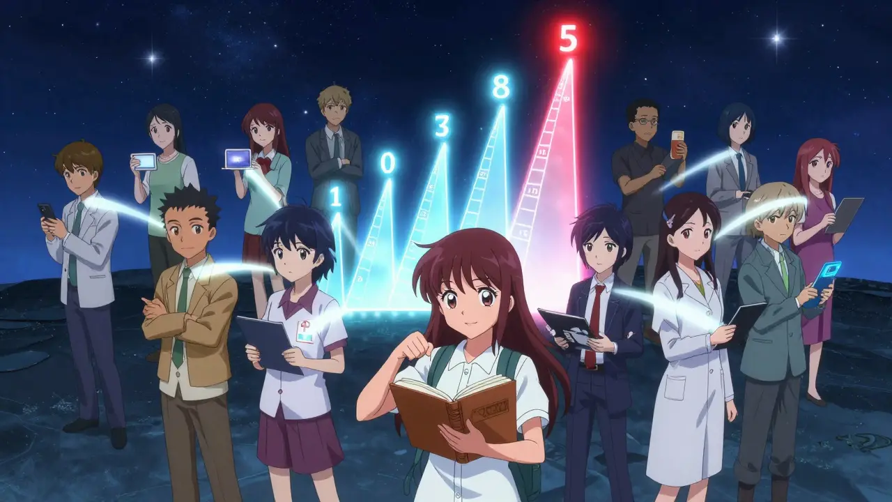 Menschen verschiedener Hintergründe halten Tagebücher, deren Lichter eine CTCAE-Skala bilden, mit einem schweizerischen Emblem im Hintergrund.