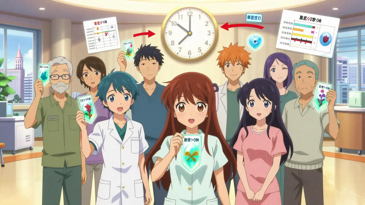 Patienten halten personalisierte Zeit-Karten mit verschiedenen Untersuchungsintervallen, während medizinische Symbole in der Luft schweben.