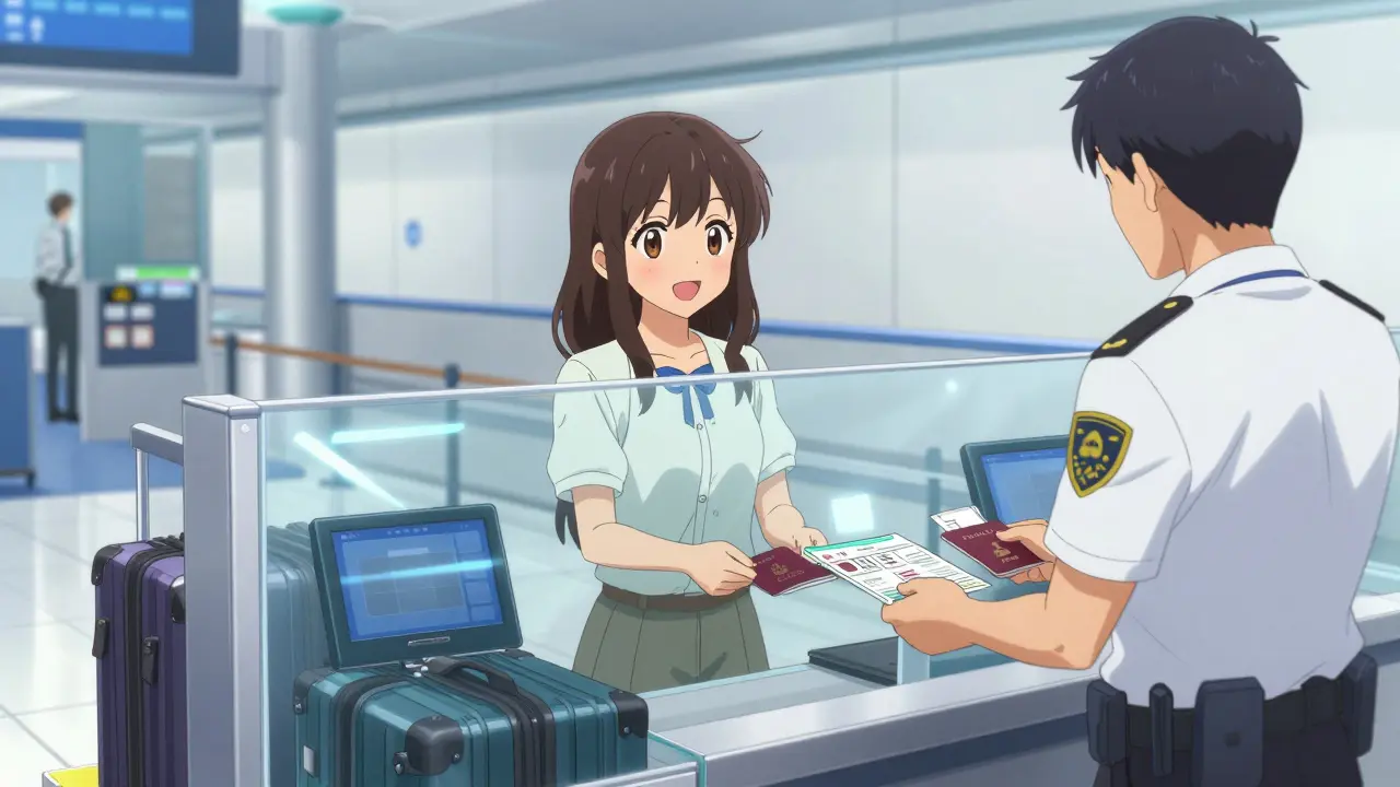 Reisende zeigt Passkontrolle ihre Papiere am Flughafen sicher durch.