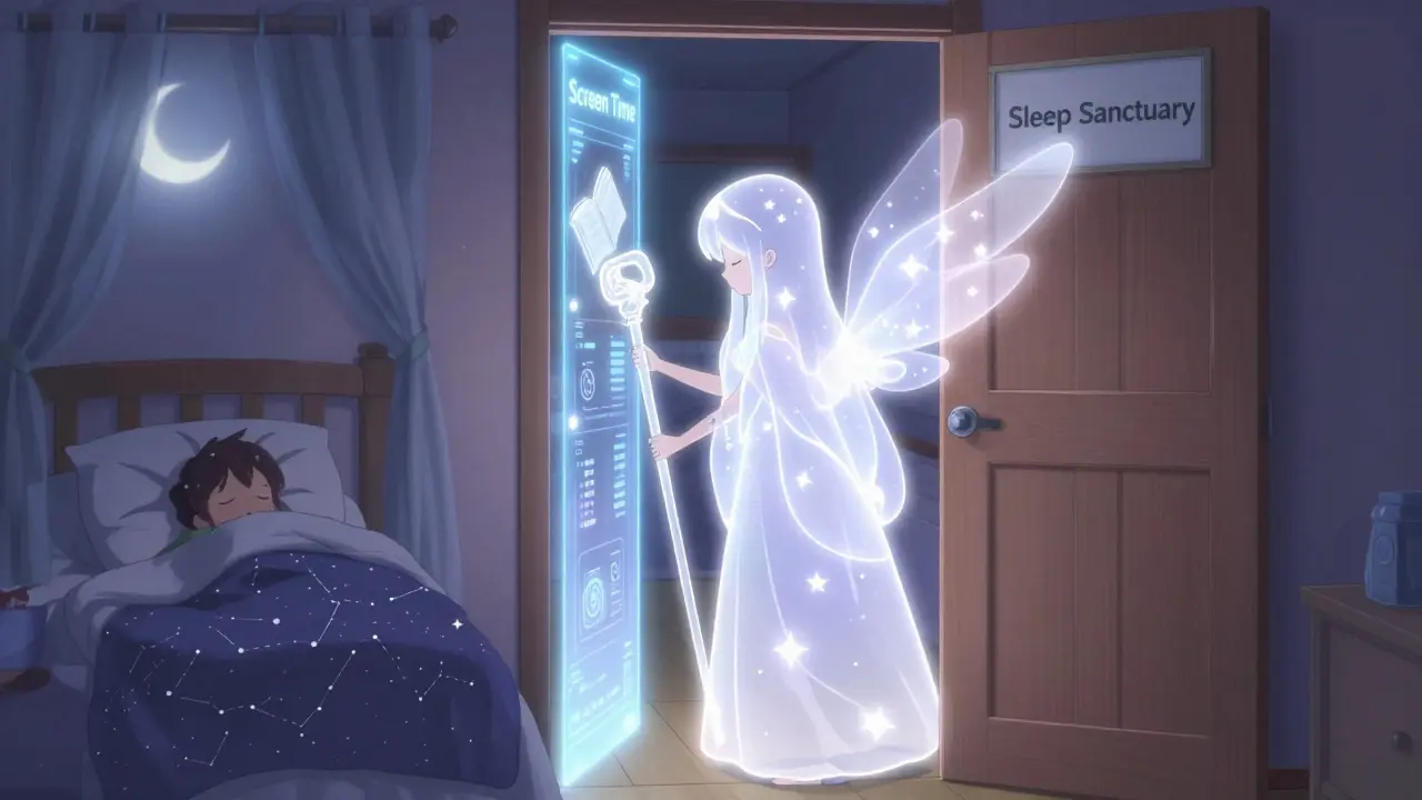 Schlaf-Guardian schließt Bildschirm-Portal und öffnet Tür zur Schlaf-Oase, Kind schläft friedlich.