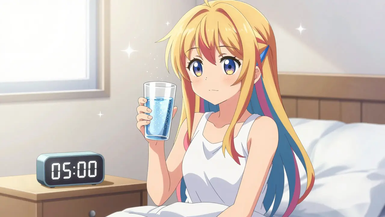 Anime-Charakter im PreCure-Stil, der morgens aufrecht sitzend ein Glas Wasser trinkt.