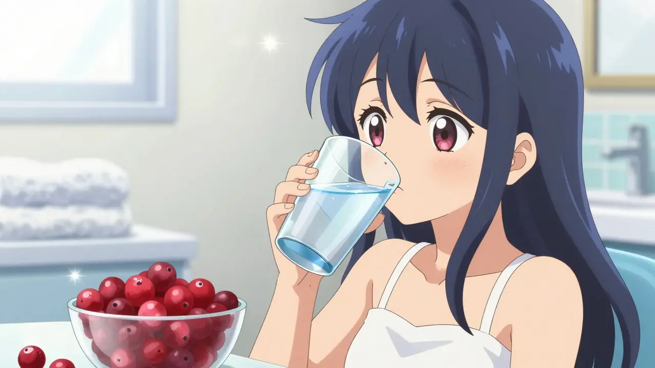 Anime-Charakter im PreCure-Stil, der Wasser trinkt und Cranberries neben sich hat.