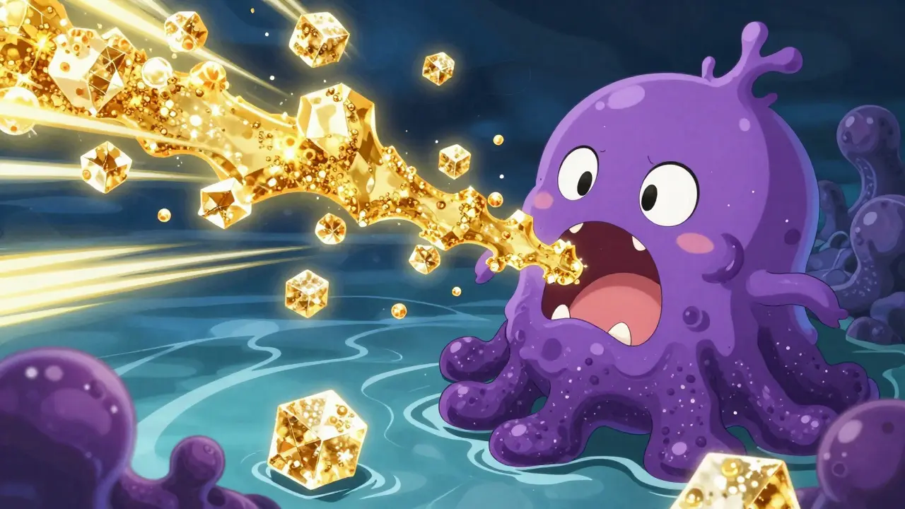 Ein niederes Pilzmonster, das glitzernde Zuckerkristalle in einem farbenfrohen Anime-Stil frisst.