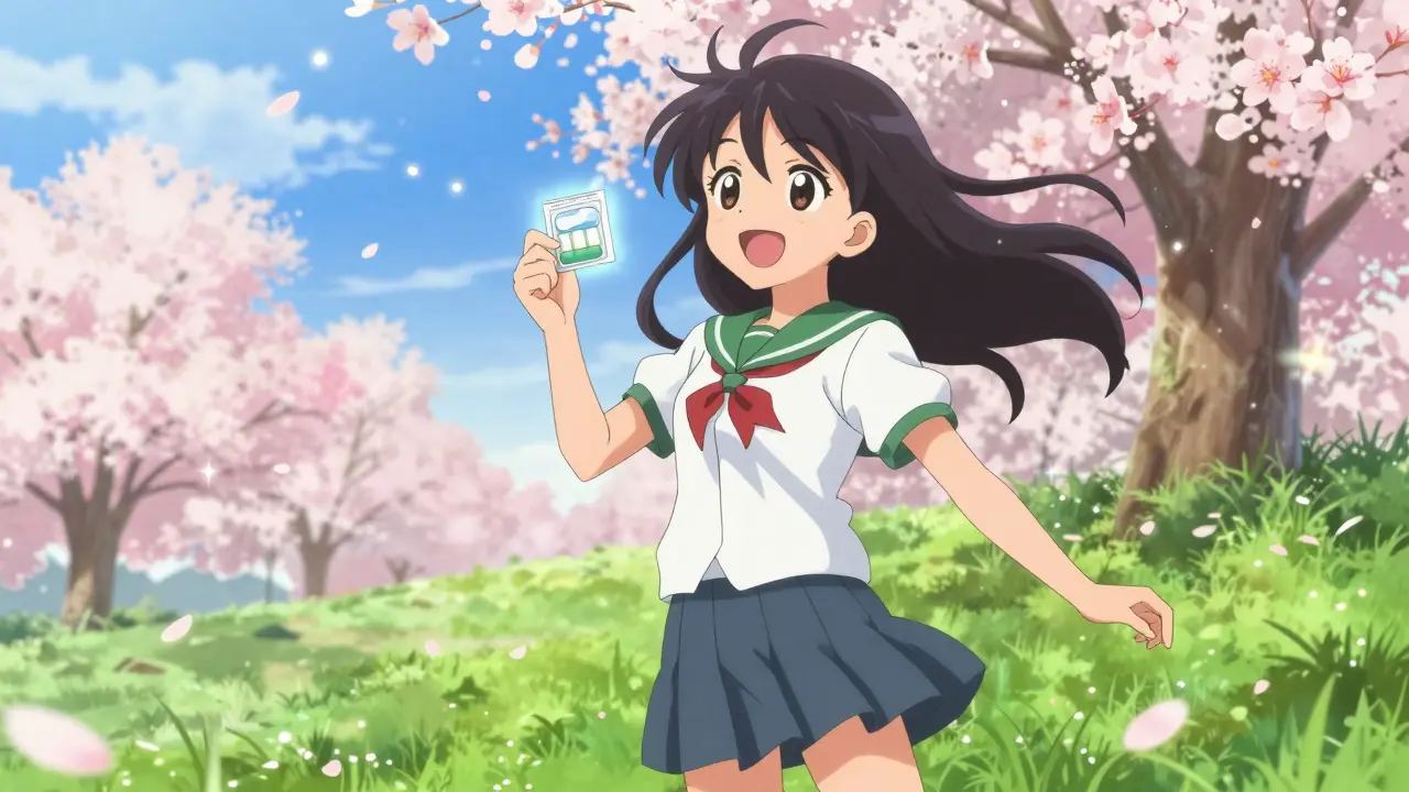 Fröhliches Anime-Mädchen in einem Park, das Gesundheit und Freiheit ausstrahlt.
