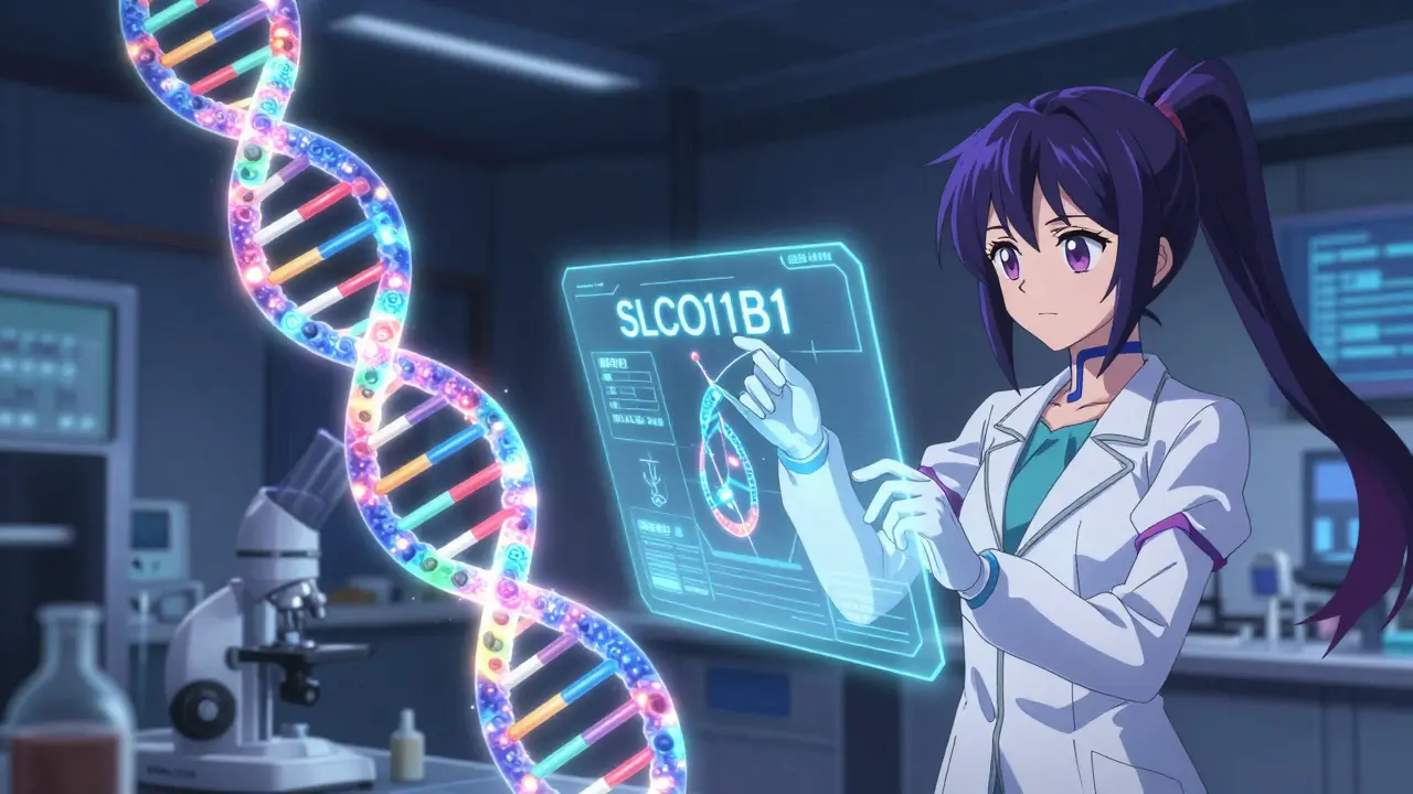 Futuristische Analyse einer DNA-Helix zur individuellen Anpassung der Medikamentendosis im Anime-Stil.