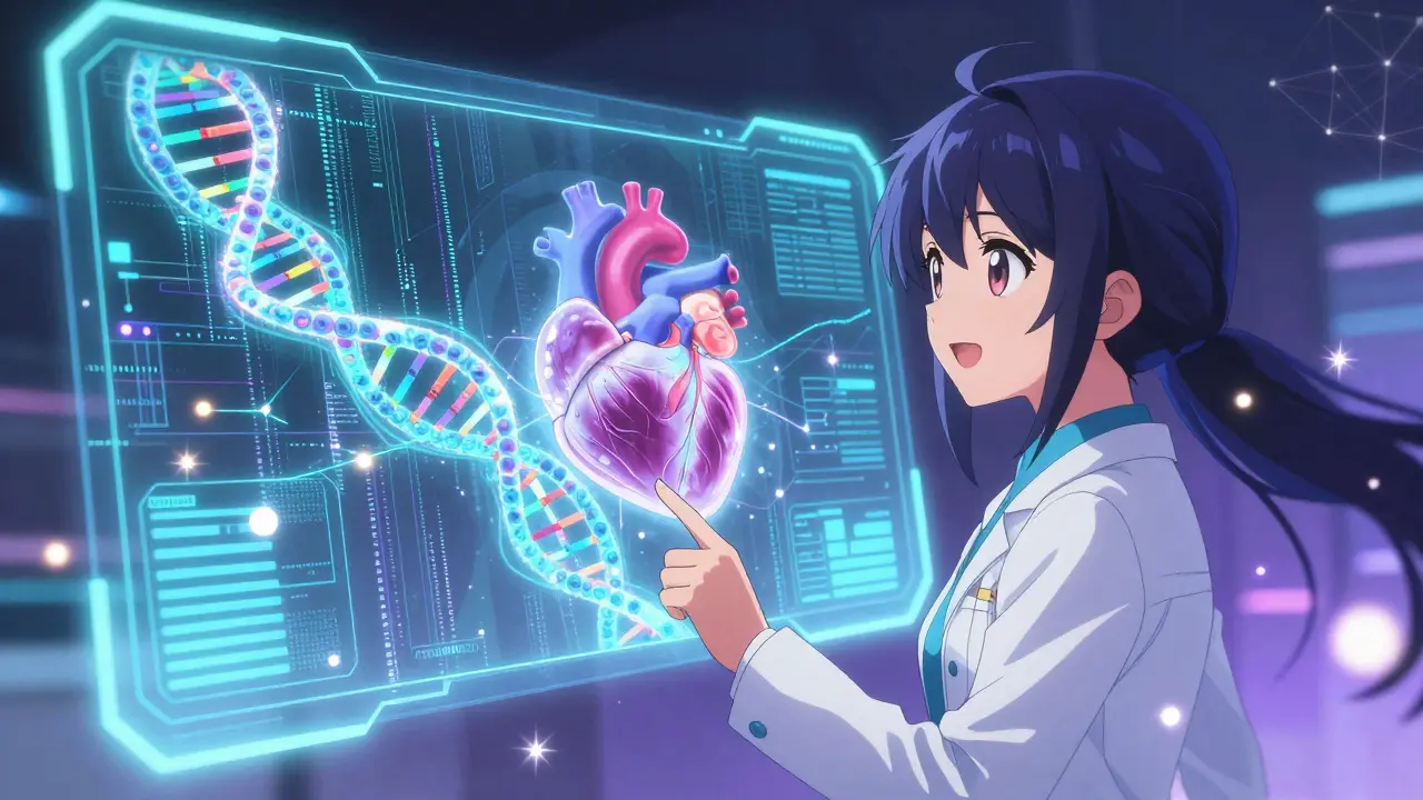 Futuristische Darstellung von DNA und digitalen Herzdaten im PreCure-Anime-Stil.