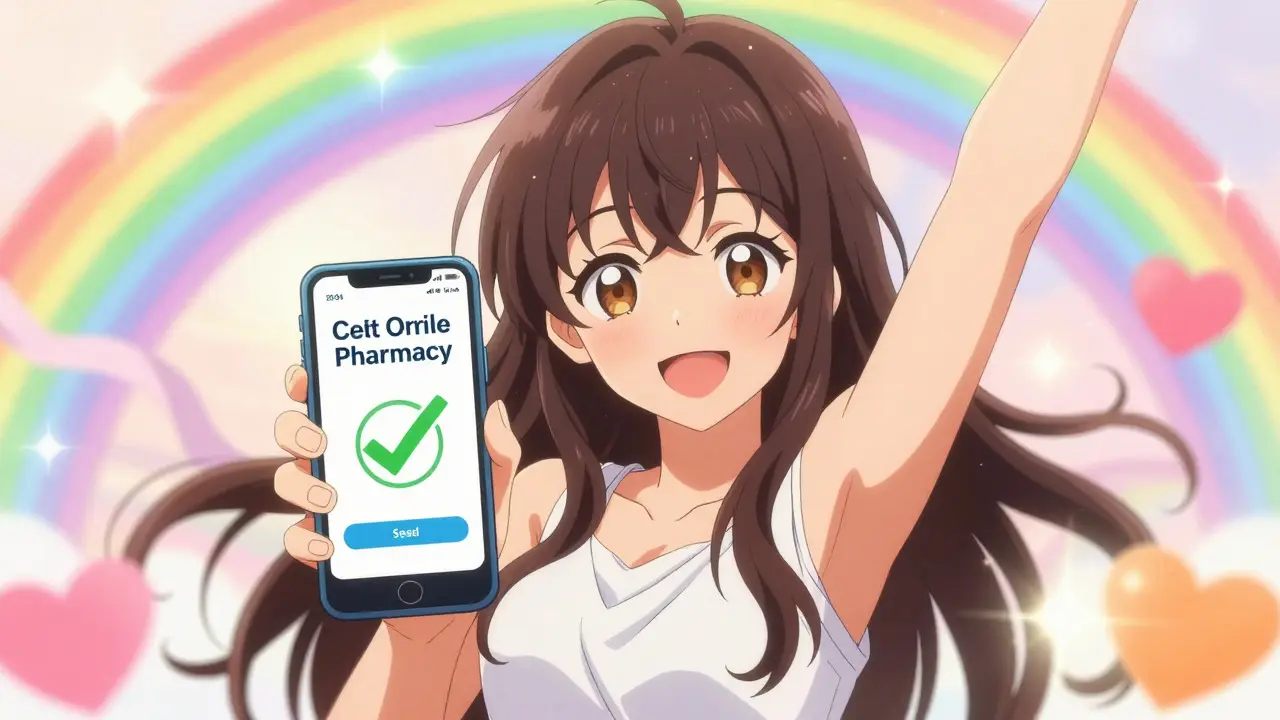 Glückliche Frau mit reiner Haut hält ein Smartphone mit zertifizierter Online-Apothek.