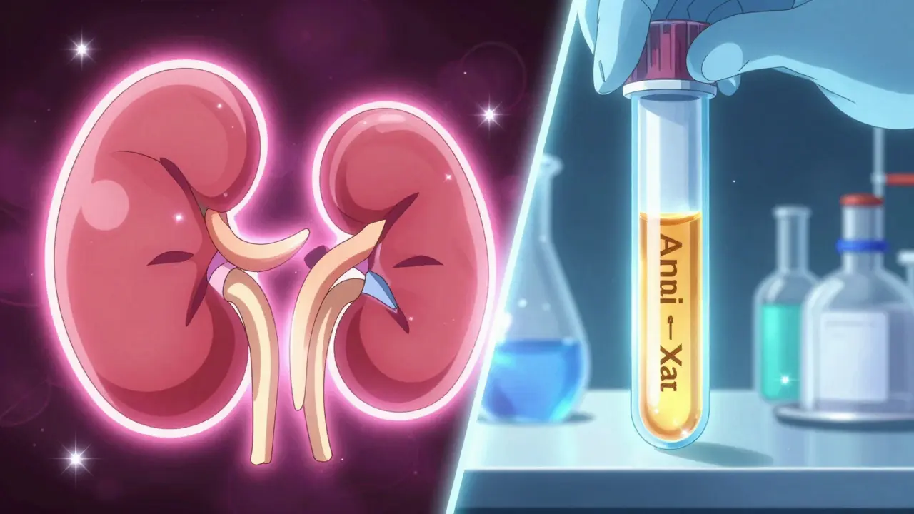 Kombination aus einer stilisierten Niere und einem leuchtenden Anti-Xa-Labortest im Anime-Stil.