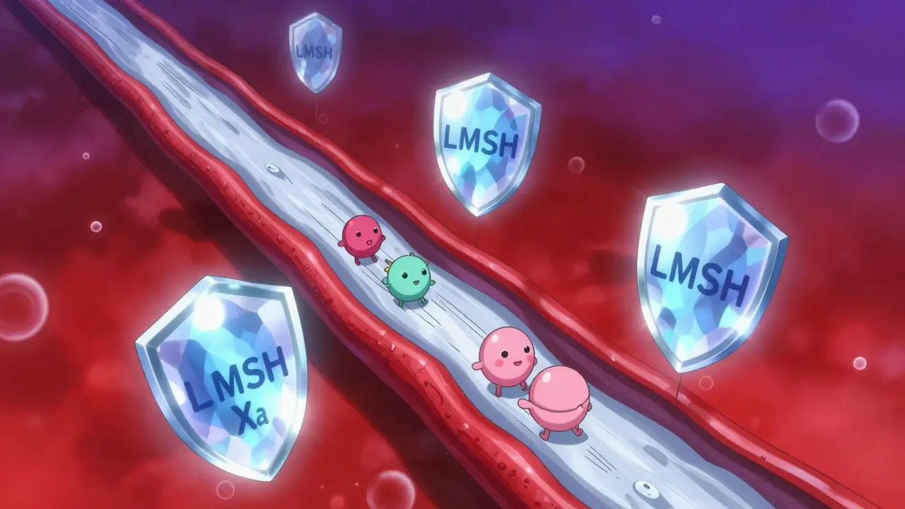 Konzeptuelle Anime-Darstellung von LMWH, das Faktor Xa in einem Blutgefäß blockiert.