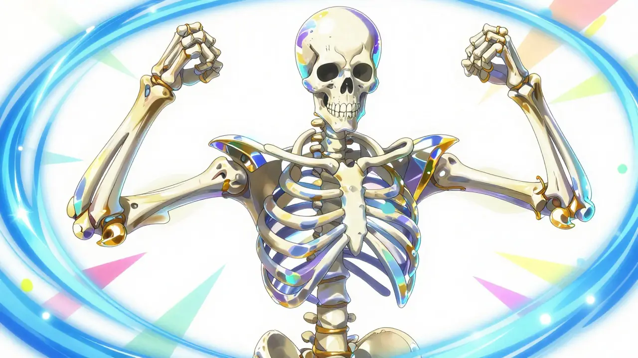 Magische Anime-Illustration von gestärktem Knochengewebe mit blauem und goldenem Leuchten.