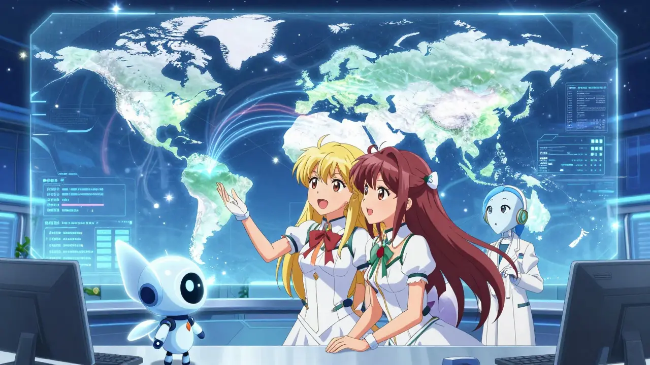 Magische Heldin und KI-Fee koordinieren globale Sicherheitsstandards an einem Weltkarten-Hologramm.