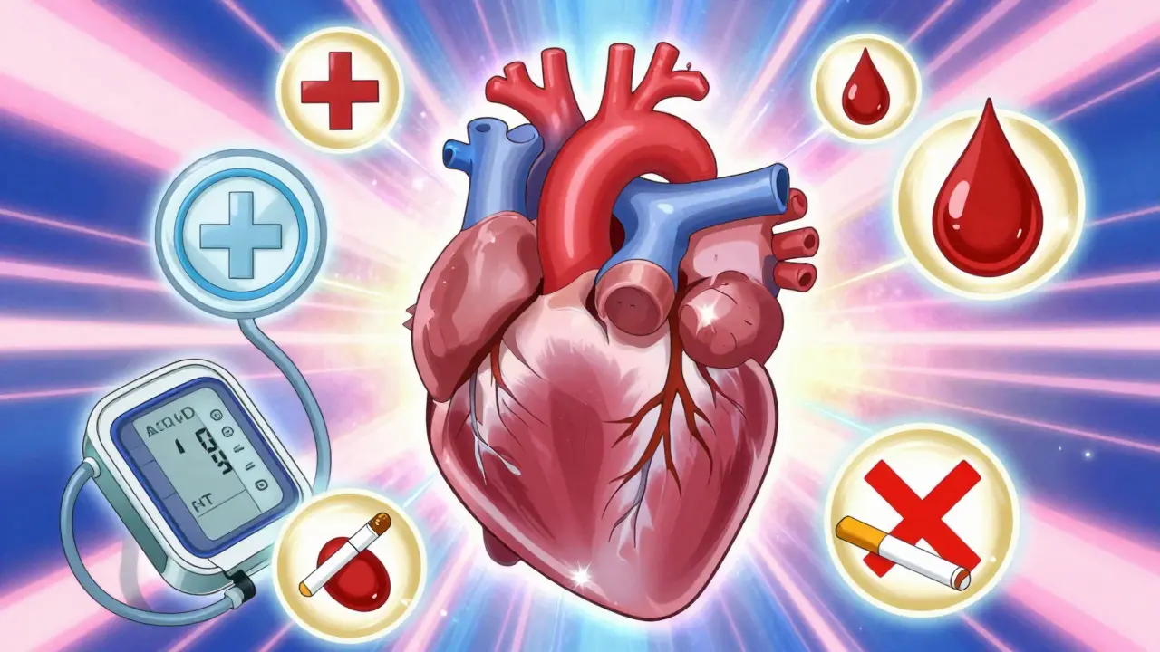 Magische Symbole für Blutdruck, Cholesterin und Raucherstatus um ein Herz in Anime-Optik.