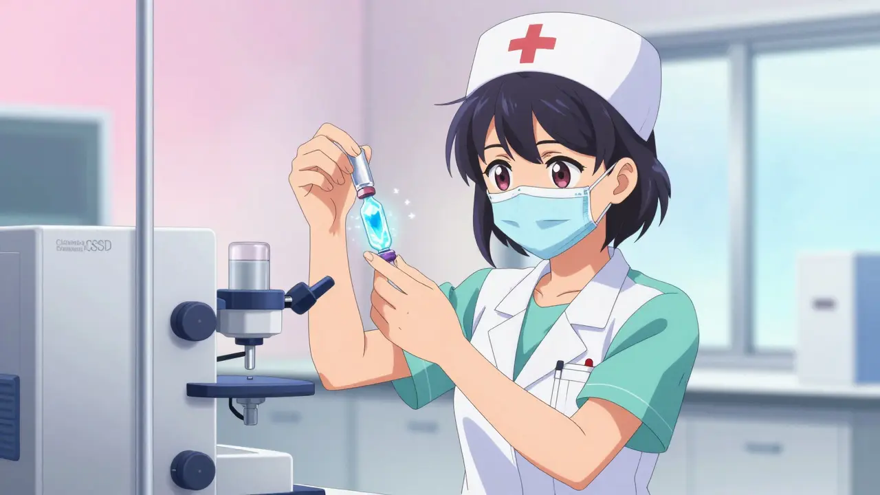 Pflegekraft im Anime-Stil nutzt ein geschlossenes Transfersystem für Medikamente.