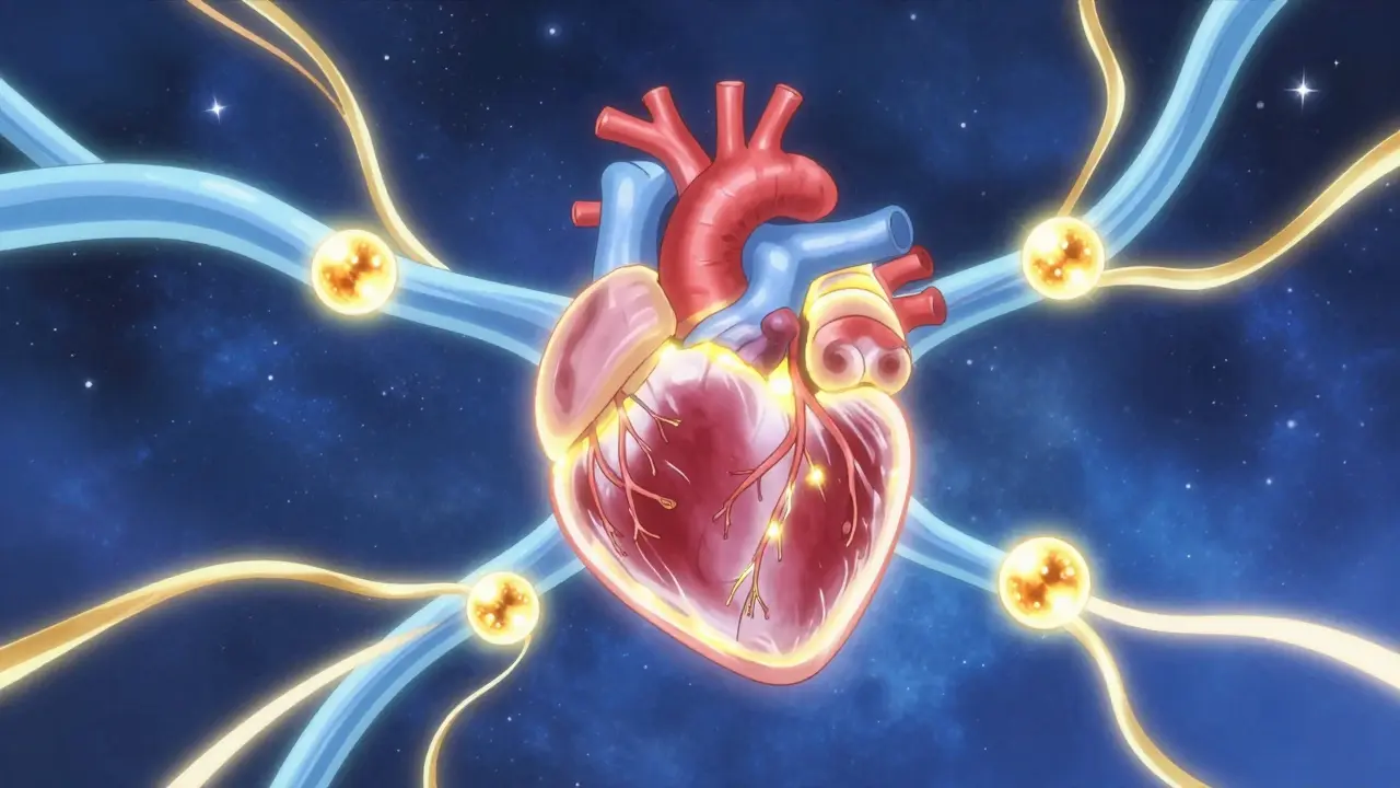 Stilisiertes, leuchtendes Herz mit goldenen Partikeln in einem magischen Anime-Stil.