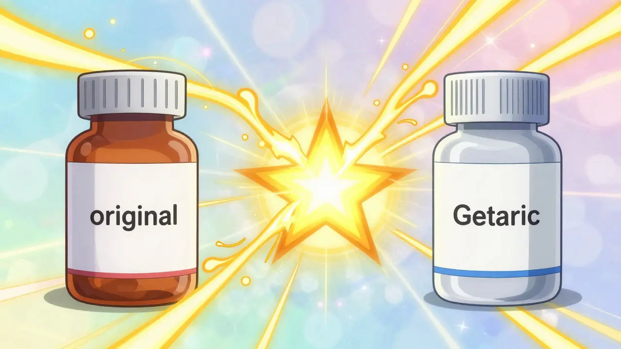 Symbolische Darstellung der gleichen Wirkung von Markenmedikamenten und Generika durch goldene Energie.