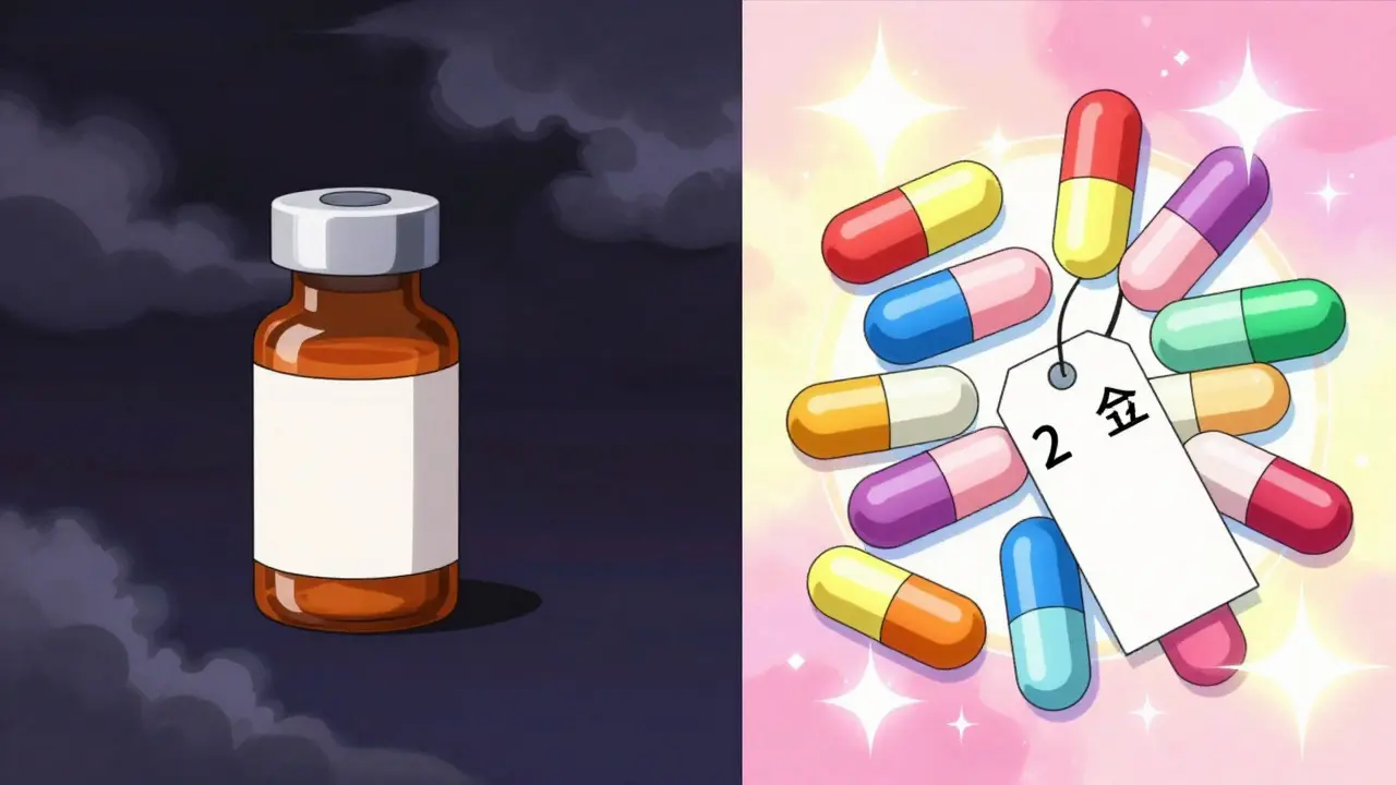 Vergleich zwischen teurem Markenmedikament und günstigen Generika in buntem Anime-Stil.