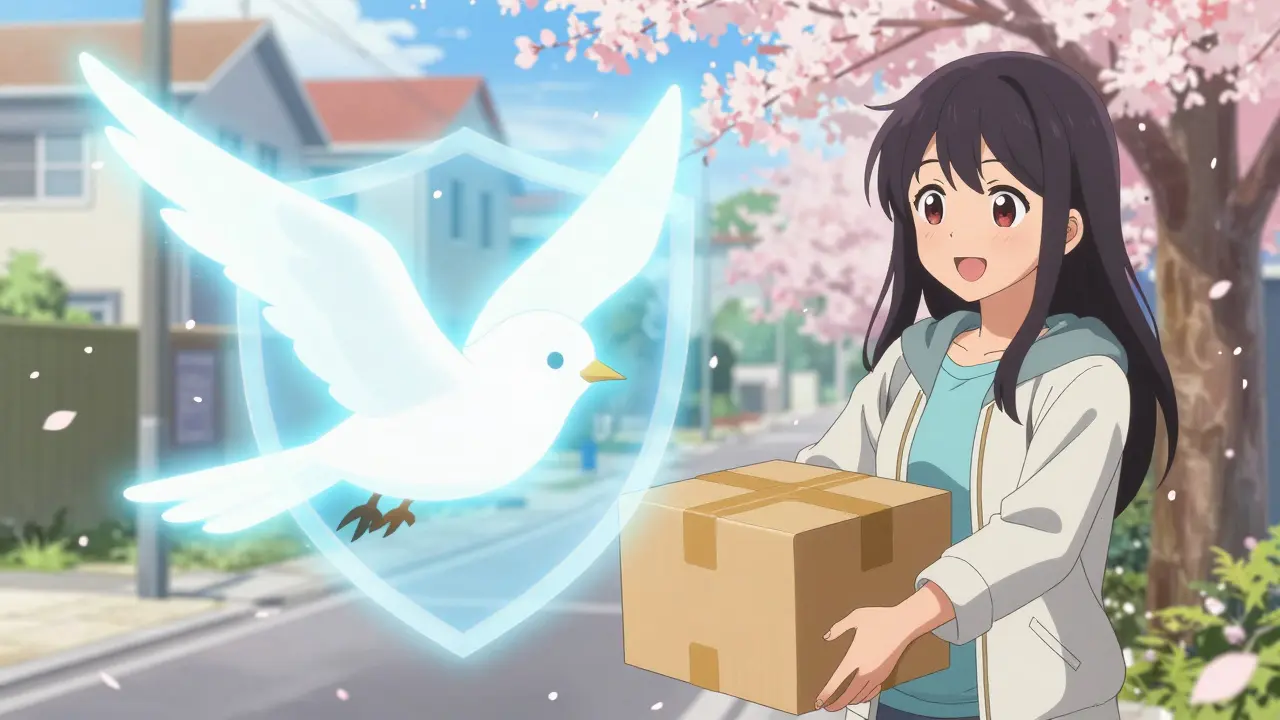 Diskreter Medikamentenlieferdienst mit magischem Schutz in Anime-Stil.