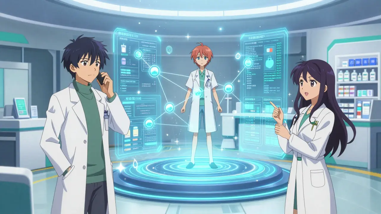 Futuristische Darstellung vernetzter Apotheken-Systeme im Anime-Stil