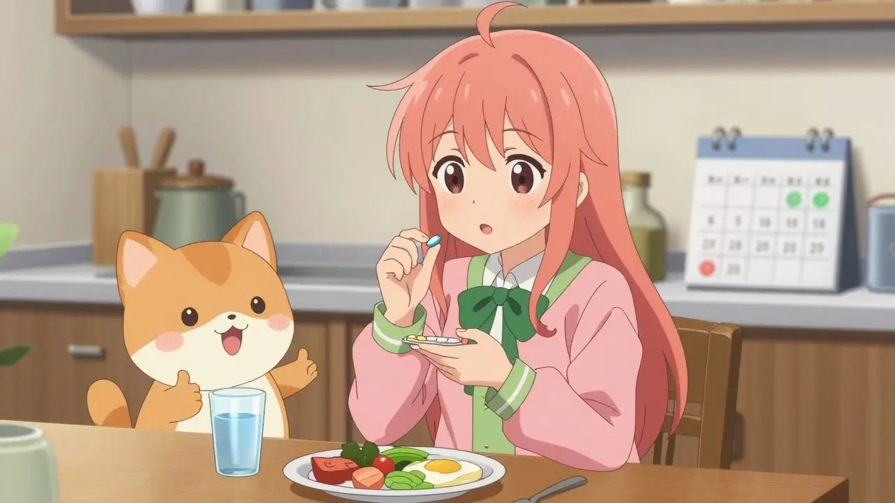Magical Girl nimmt Ibuprofen nach dem Essen ein