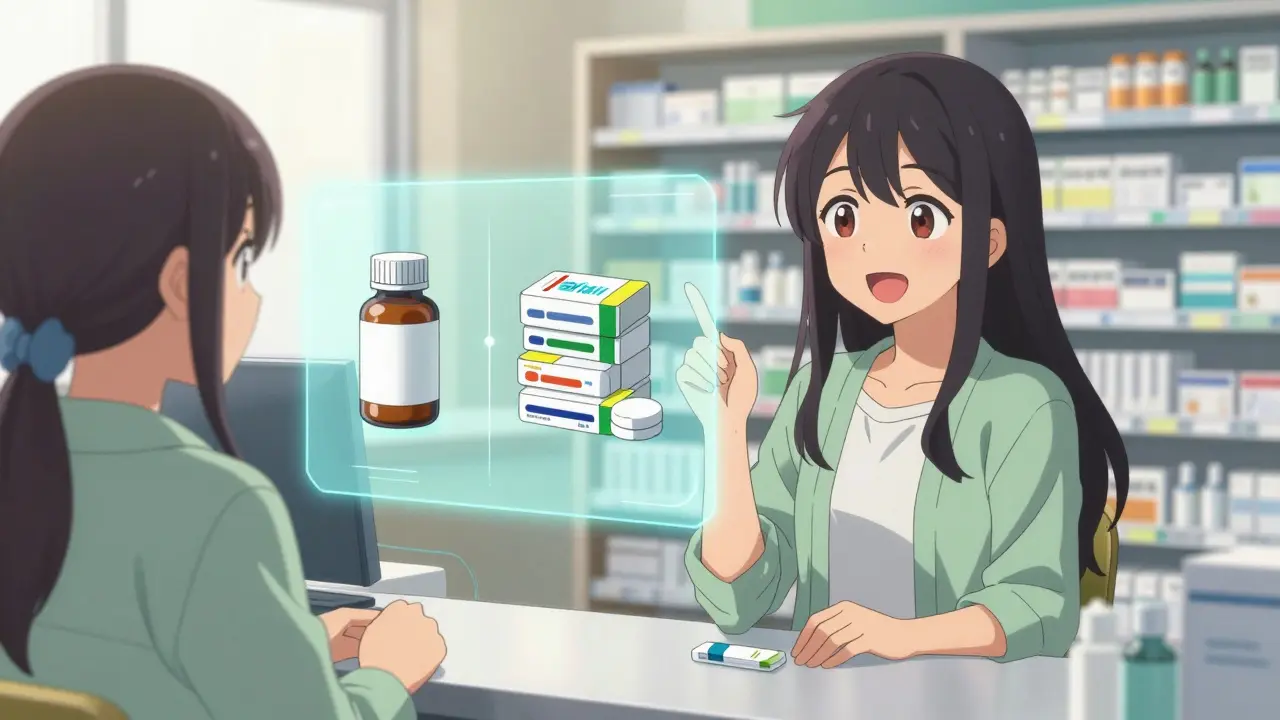 Patientin und Apotheker diskutieren Kosteneinsparungen bei Medikamenten im PreCure-Stil.