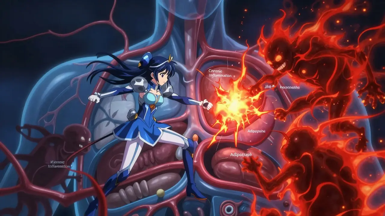 Anime battle scene showing fight against inflammation and adipopathy
