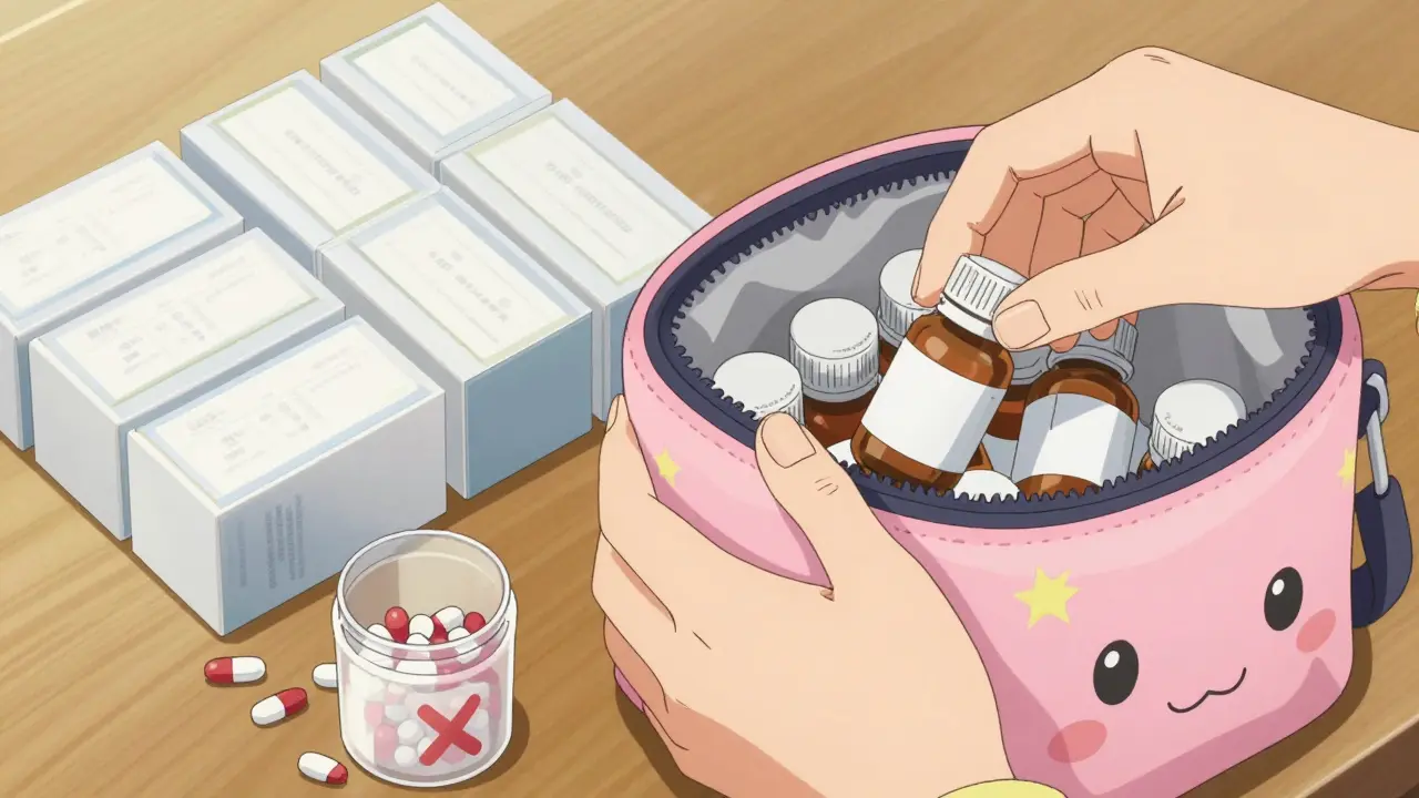 Anime-Hände packen Medikamente sorgfältig in einen isolierten Beutel