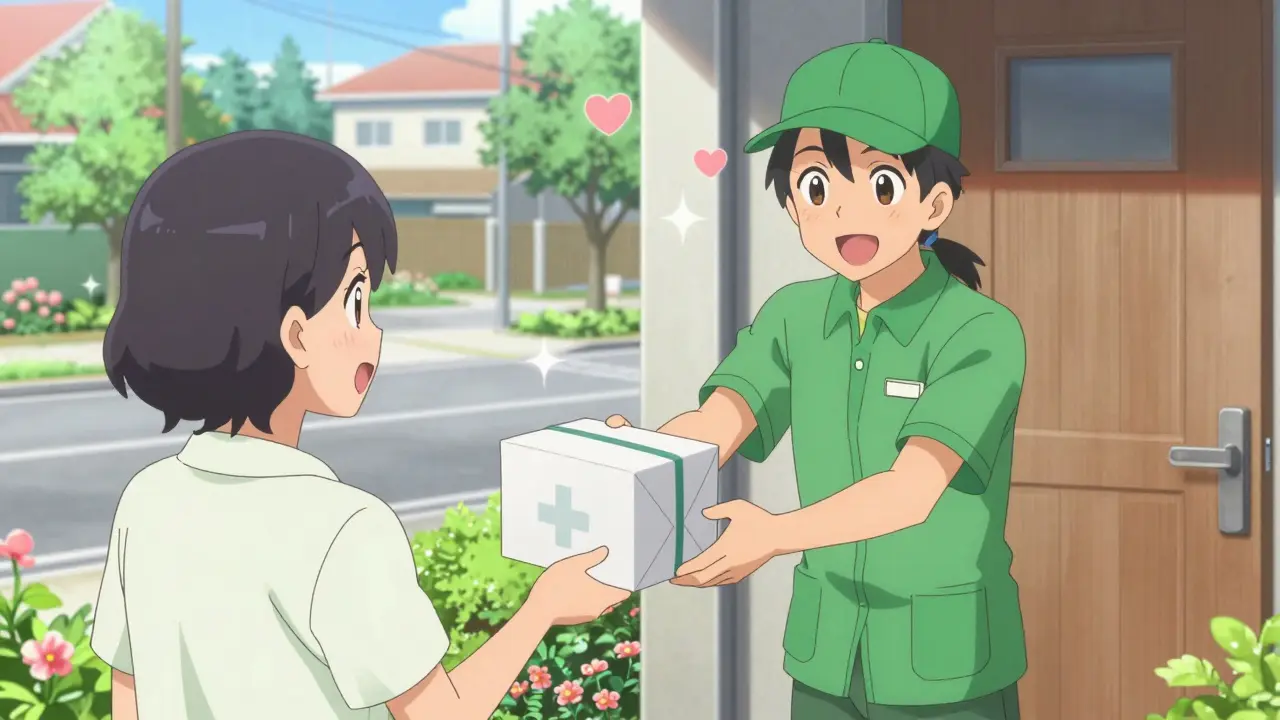 Anime-Lieferant übergibt Medikamentenpaket an Kunde