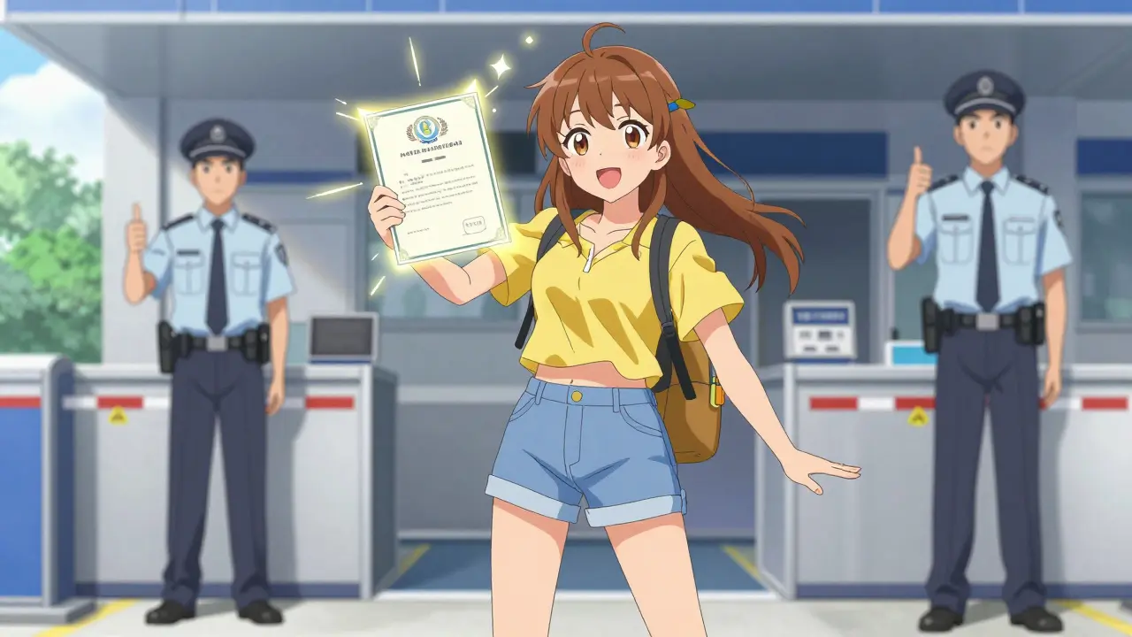 Anime-Reisende hält glühendes ärztliches Attest bei der Zollkontrolle