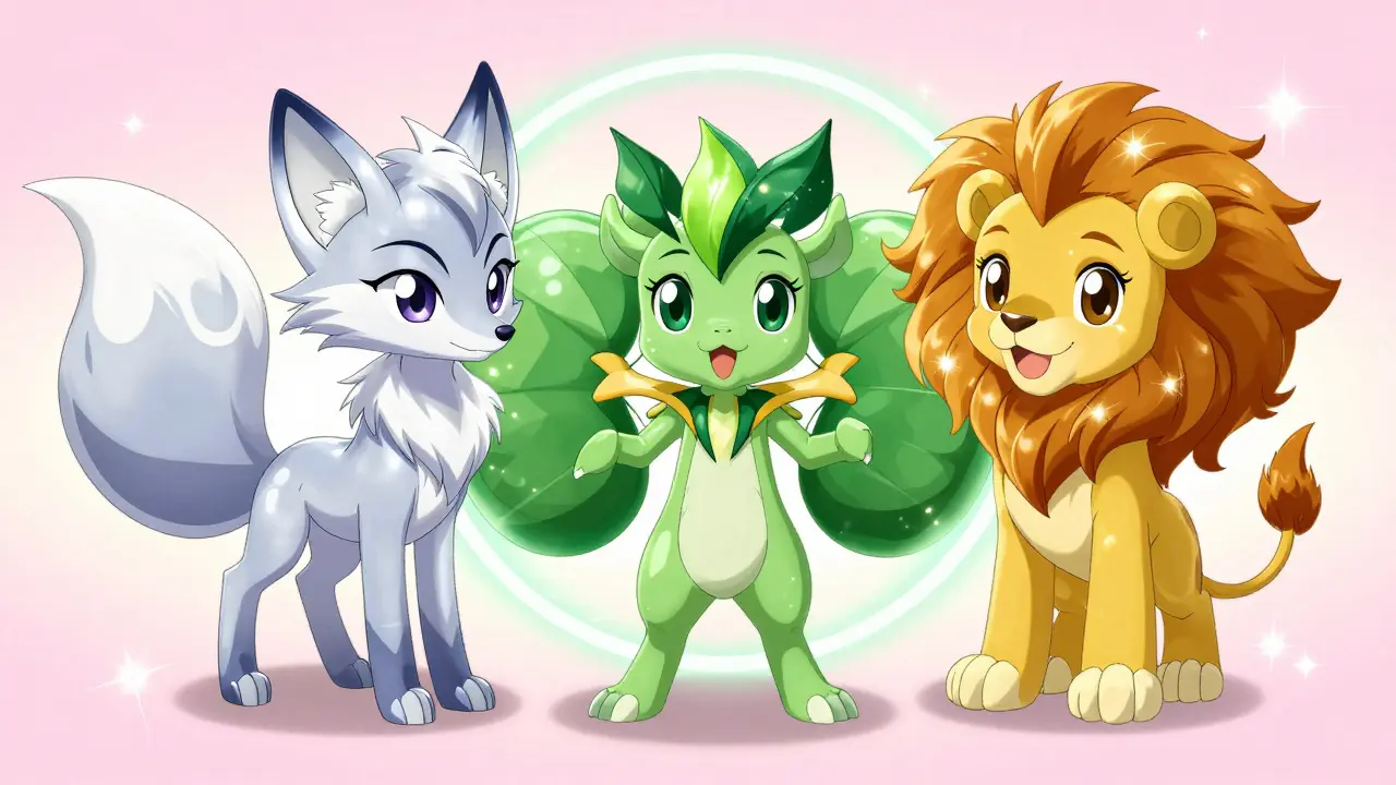 Drei magische Kreaturen im PreCure-Design repräsentieren die drei Medikamente: Ein silberner Fuchs (Tacrolimus), ein grünes Blattgeistwesen (Mycophenolat) und ein goldener Löwenjunges (Kortikosteroide). Sie stehen schützend um ein leuchtendes Nierensymbol herum auf einem pastelligen Hintergrund.