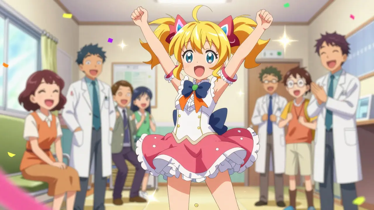Ein freudiges Szenenbild, in dem eine PreCure-Figur triumphierend mit einem gesunden, leuchtenden Nierensymbol posiert. Im Hintergrund lächeln glückliche Patienten und Ärzte. Helles Sonnenlicht, Konfetti und magische Funken füllen die Luft. Die Atmosphäre ist feierlich und hoffnungsvoll, symbolisch für erfolgreiche Transplantation.