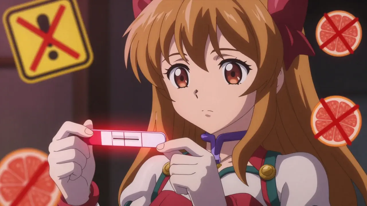 Nahaufnahme einer PreCure-Figur, die besorgt auf einen roten Blutteststreifen schaut. Warnsymbole und durchgestrichene Grapefruitschalen schweben um sie herum. Die Beleuchtung ist dramatisch, um die Bedeutung der Medikamentenüberwachung zu betonen. Ausdrucksstarke Augen und detaillierte Kostümtextur.