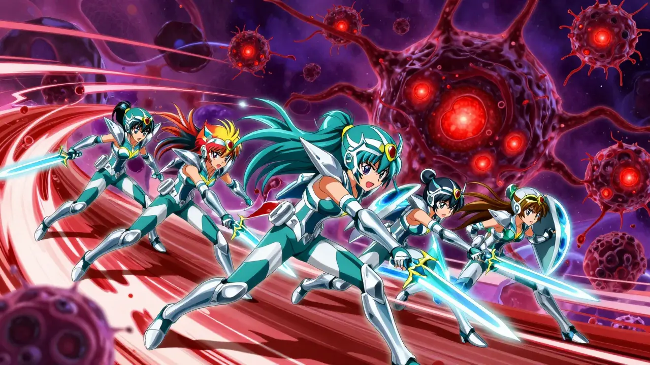 PreCure-Kriegerinnen bekämpfen schattige Krebszellen in einer dynamischen Kampfszene