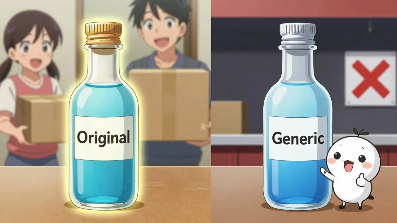 Vergleich Original vs. Generikum als magische Flaschen im Anime-Stil