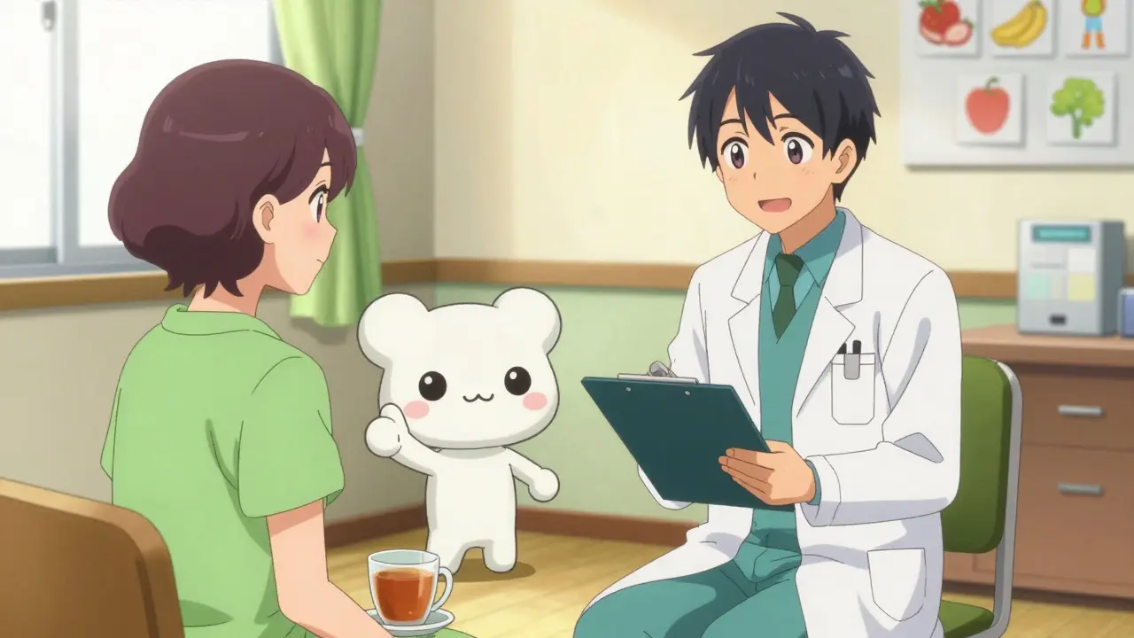 Ärztin und Patientin bei Beratung mit Gesundheits-Mascot