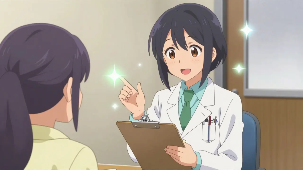 Ein freundlicher Arzt im Anime-Stil erklärt einem Patienten die Sicherheit von verschreibungspflichtigen Medikamenten mit warmem Licht und professioneller Haltung.