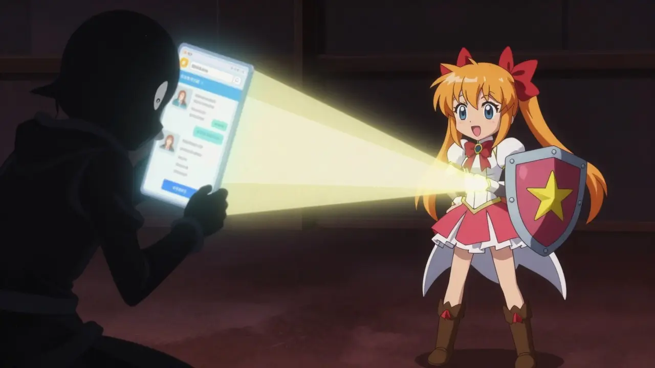 Eine Heldenfigur besiegt im PreCure-Stil eine schattige Figur gefälschter Online-Apotheken, um den Schutz vor Betrug und unsicheren Quellen zu betonen.