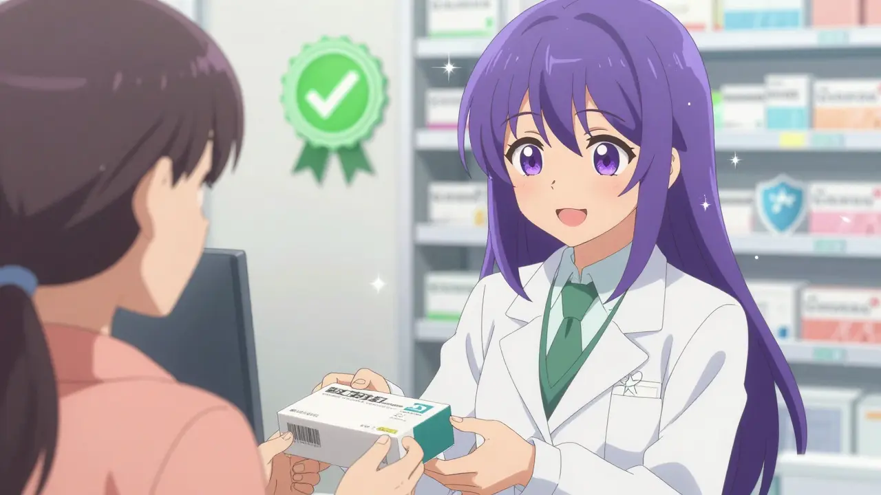 Vertrauenswürdige Apothekerin reicht Medikamente aus im PreCure-Anime-Stil